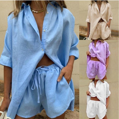Women's Button Down Shirt & Shorts Matching Set