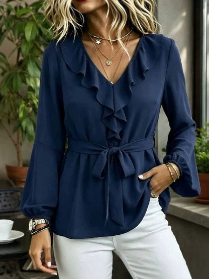 Ruffle V-Neck Tie Waist Lantern Sleeve Blouse