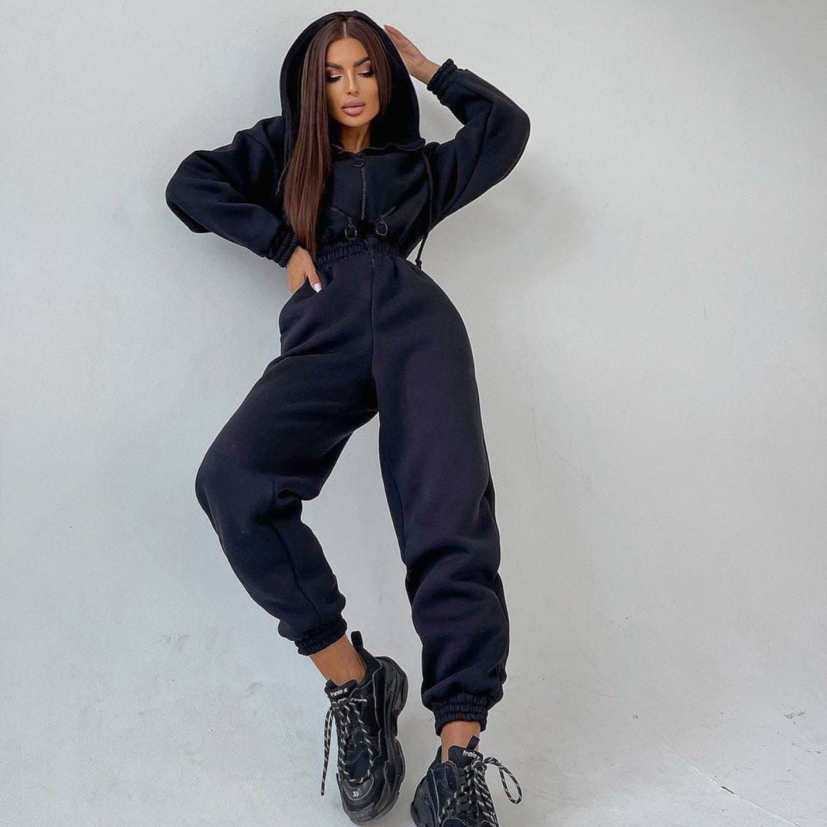 Women's Oversized Zip-Up Hooded Fleece Jumpsuit