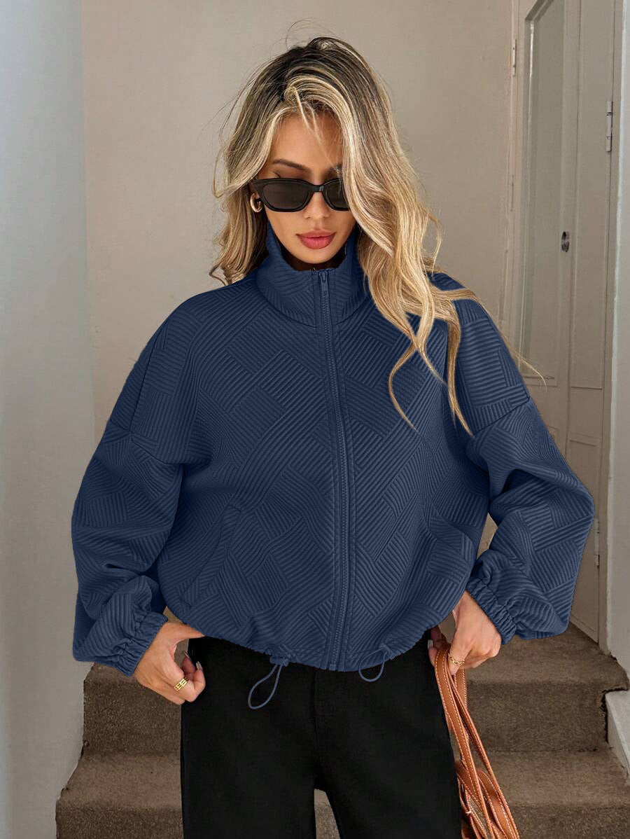 Textured Zip Up Bomber Jacket Drawstring Hem Casual Coat