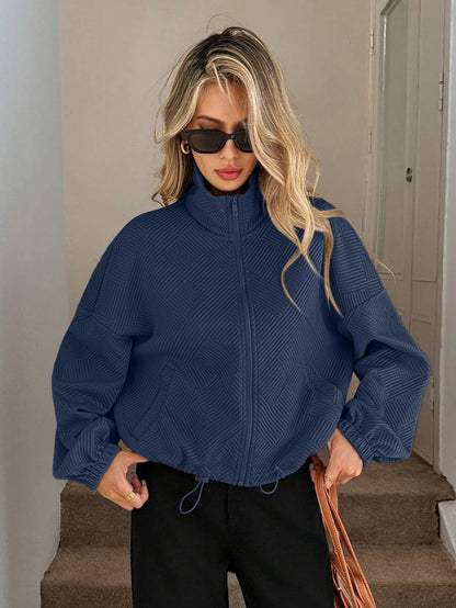 Textured Zip Up Bomber Jacket Drawstring Hem Casual Coat