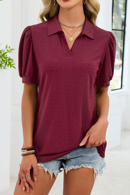 Eyelet V Neck Puff Sleeve Polo Blouse Casual Top