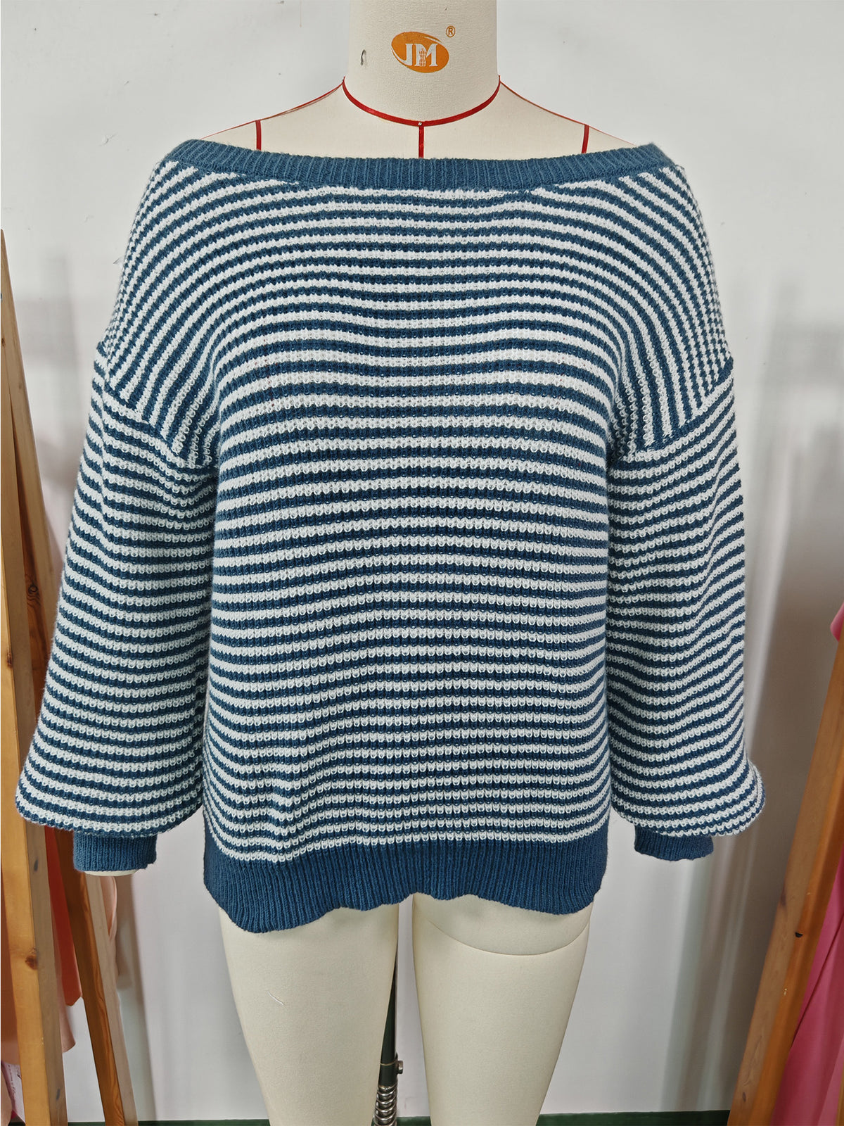 Women's Off Shoulder Striped Balloon Sleeve Sweater
