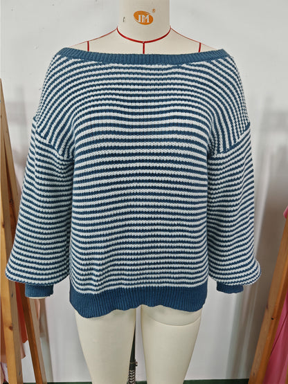 Women's Off Shoulder Striped Balloon Sleeve Sweater