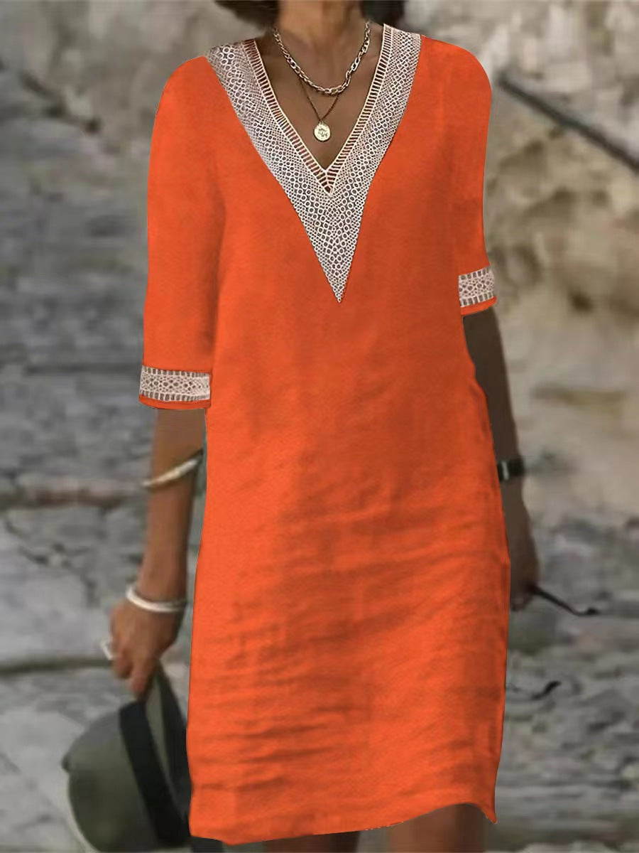 Women's Cotton Linen V-Neck Lace Trim Casual Midi Dress