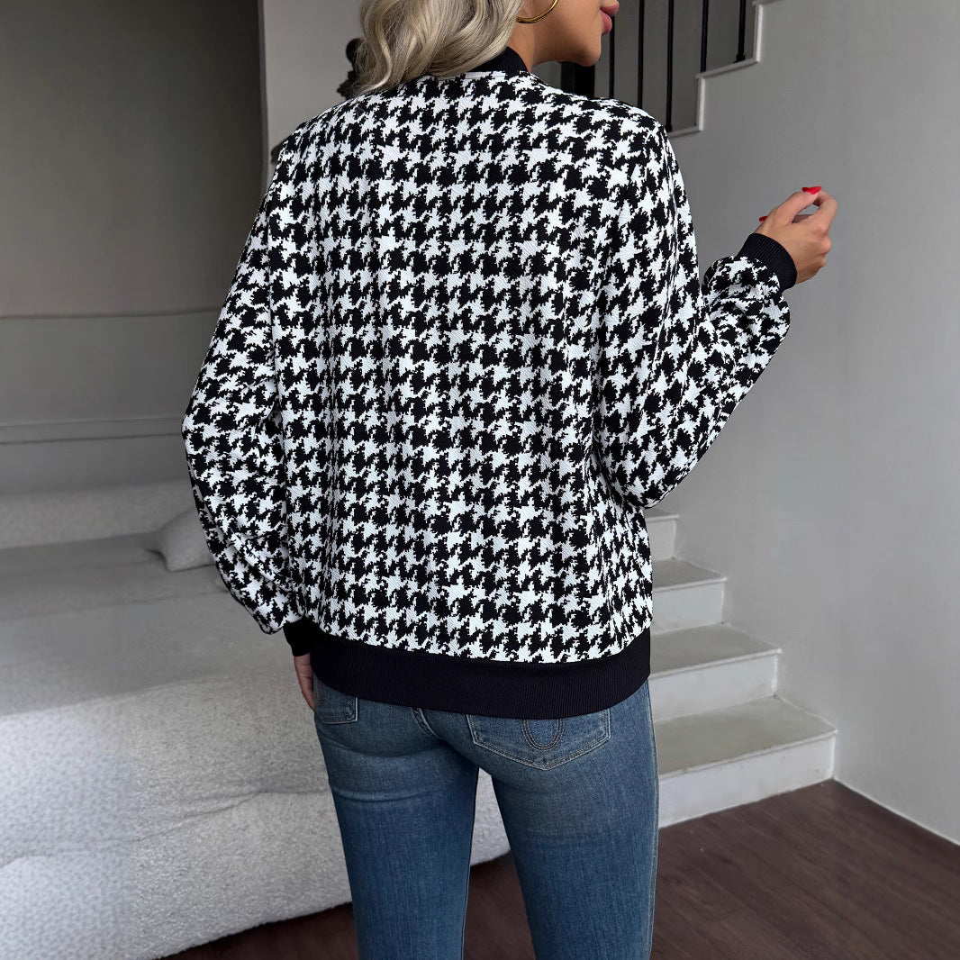 Houndstooth Knit Jacket Zip-Up Long Sleeve Casual Outerwear