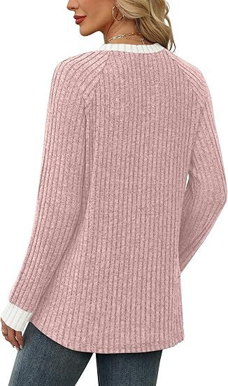 Women's Soft Ribbed Contrast Trim Long Sleeve Crew Neck Top