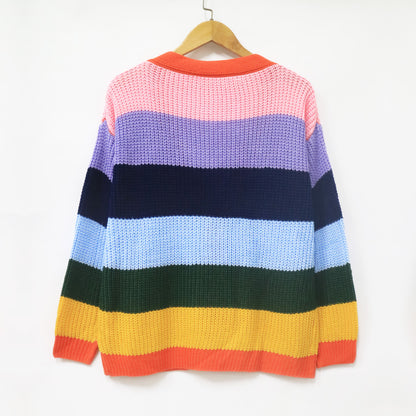 Women's Clothing Contrasting Stripes Splicing Casual Loose Cardigan Sweater