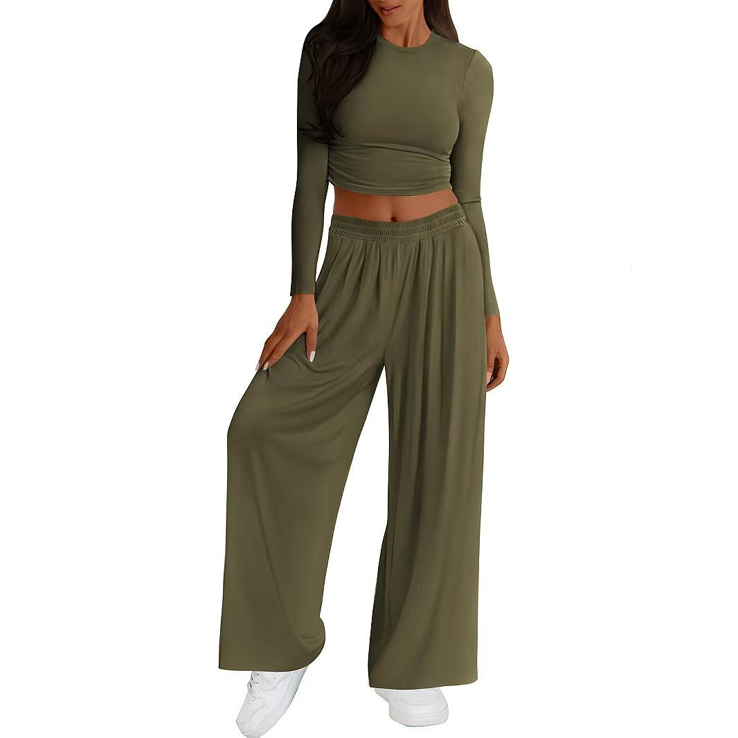 Womens Modal Crop Top Wide Leg Pants Two Piece Lounge Set