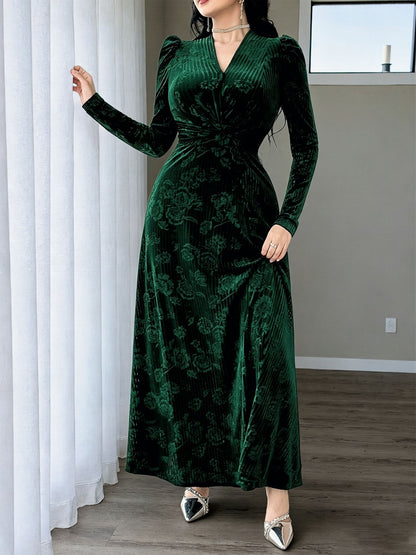 Floral Velvet Maxi Dress V Neck Twist Waist Evening Gown