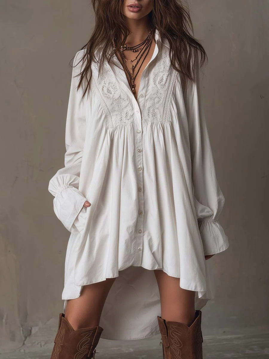 Boho White Lace Shirt Dress Button Down Flare Sleeve