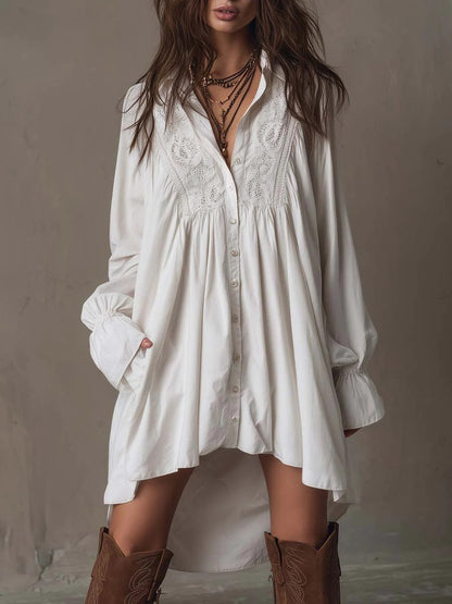 Boho White Lace Shirt Dress Button Down Flare Sleeve