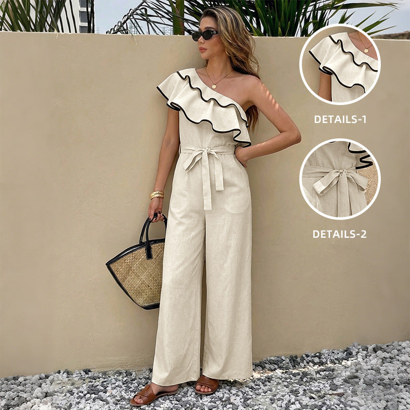 Women One Shoulder Ruffle Jumpsuit Wide Leg High Waist Tie Waist