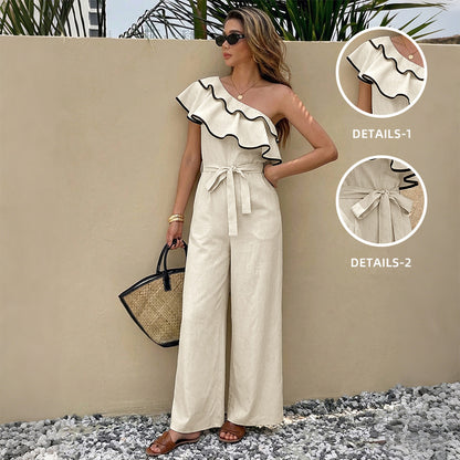 Women One Shoulder Ruffle Jumpsuit Wide Leg High Waist Tie Waist