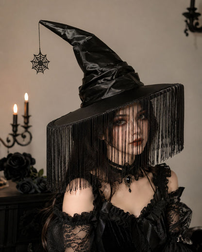 Fringe Witch Hat with Wide Brim for Halloween Costumes