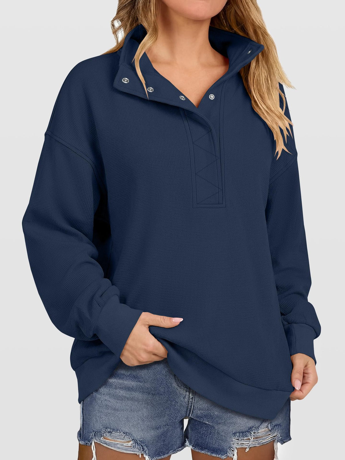Women's Waffle Knit Oversized Button Pullover Sweatshirt