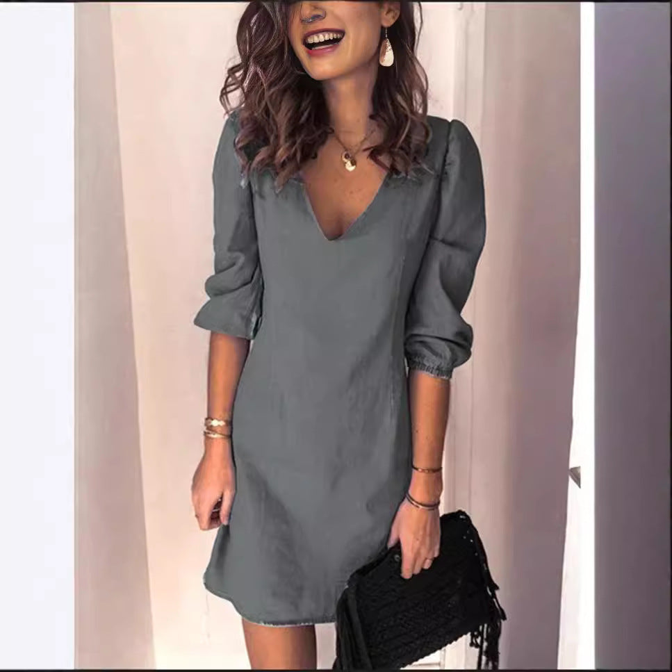 Women's V-Neck 3/4 Puff Sleeve A-Line Mini Dress