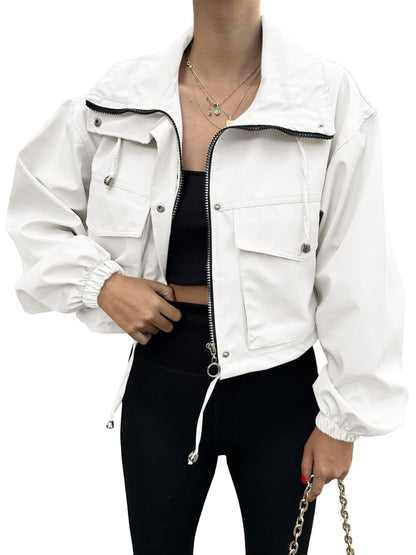 Solid cropped utility jacket zip front relaxed fit