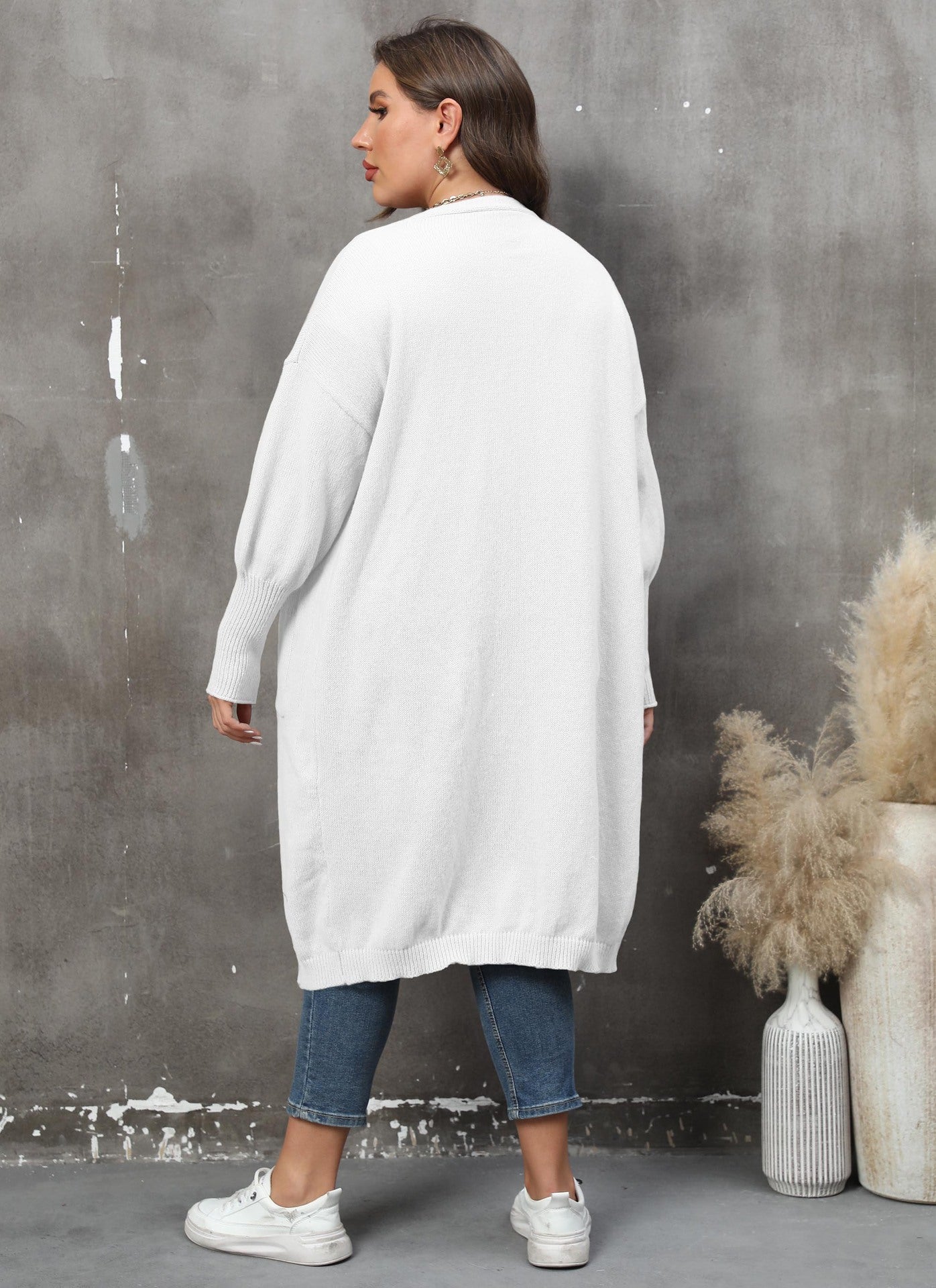 Loose Medium and Long Double Pocket Lantern Sleeve Sweater Cardigan