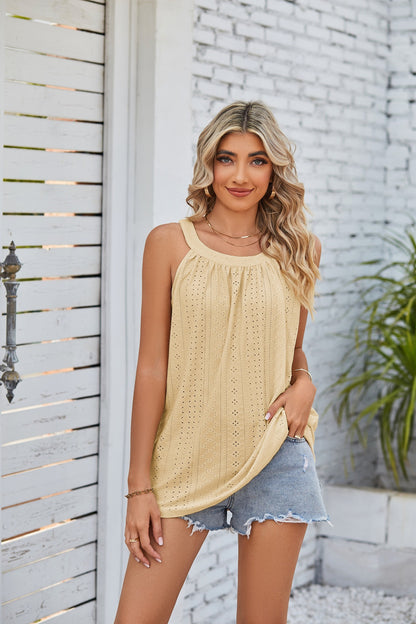 Loose Fit Round Neck Pleated Sleeveless Vest T-Shirt