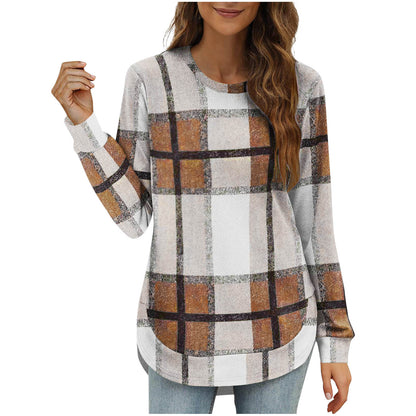 Women's Plaid Oversized Long Sleeve Crew Neck Tunic Top