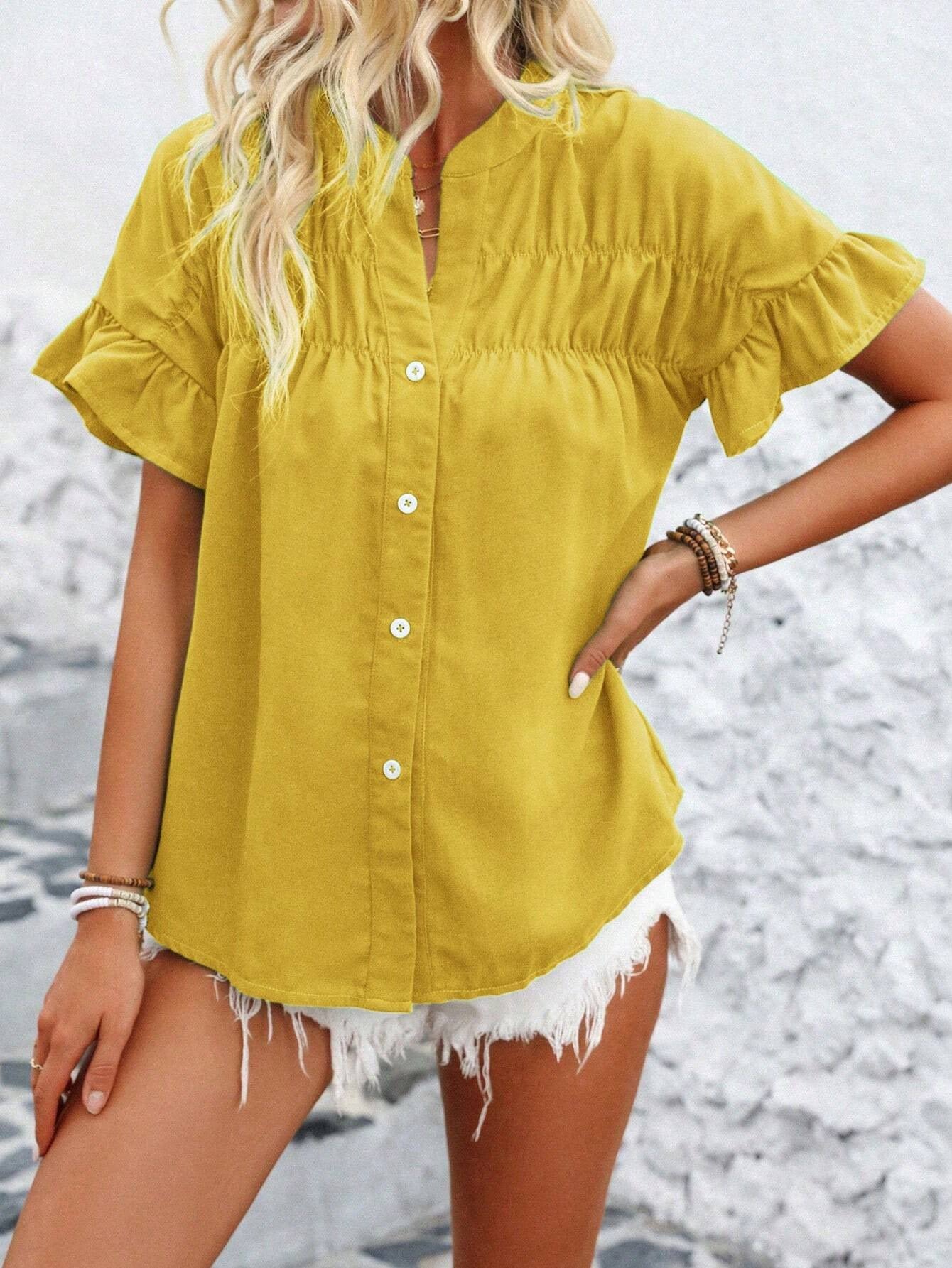 Cotton Linen Pleated Button Down Mandarin Collar Top