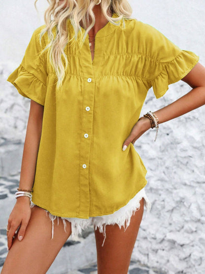Cotton Linen Pleated Button Down Mandarin Collar Top