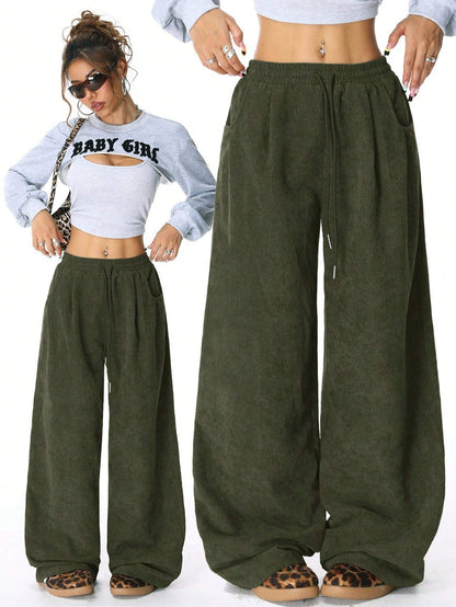Women's High Waist Drawstring Wide Leg Casual Pants