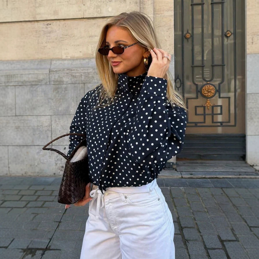 Women Polka Dot Zip Jacket Stand Collar Long Sleeve Pockets
