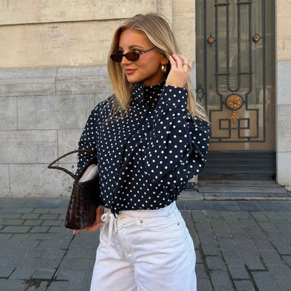 Women Polka Dot Zip Jacket Stand Collar Long Sleeve Pockets