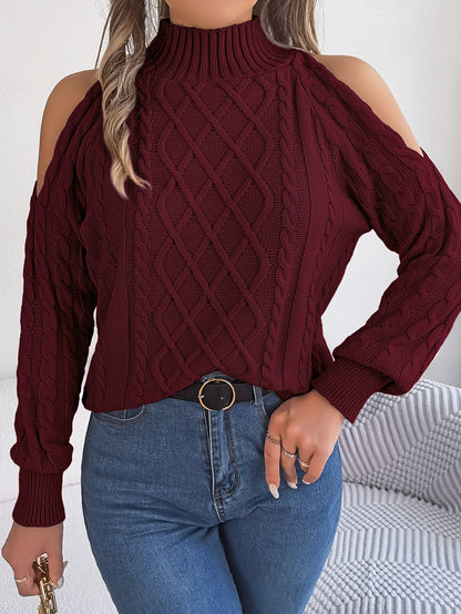 2025 Fall Winter Off-Shoulder Cable Knit Turtleneck Sweater