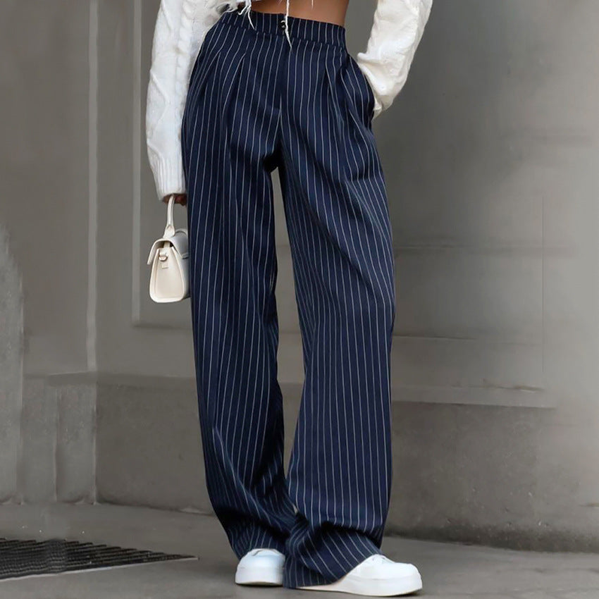 Women's Navy Striped High Waist Wide Leg Trousers