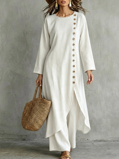 Linen Button Front Tunic Wide Leg Pants Two Piece Set