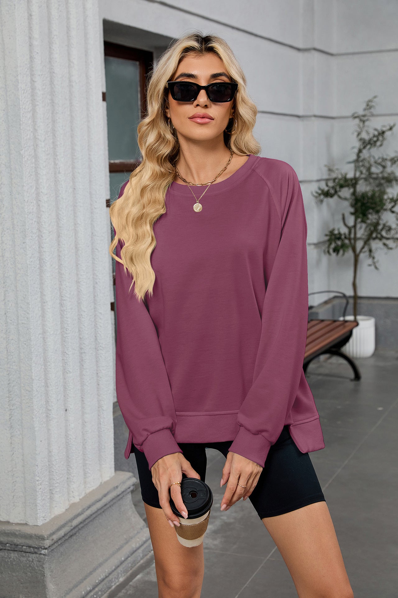 Women Oversized Crewneck Sweatshirt Long Sleeve Side Slit