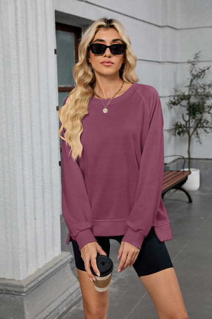Women Oversized Crewneck Sweatshirt Long Sleeve Side Slit