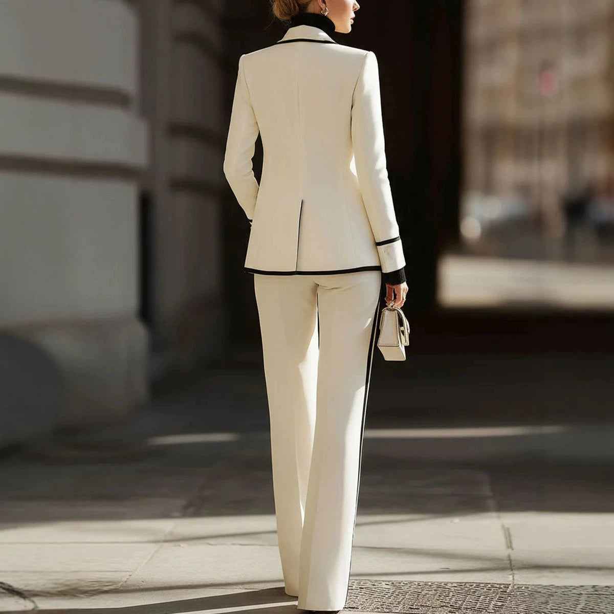 Women's Contrast Trim Blazer Wide Leg Pants Suit Set