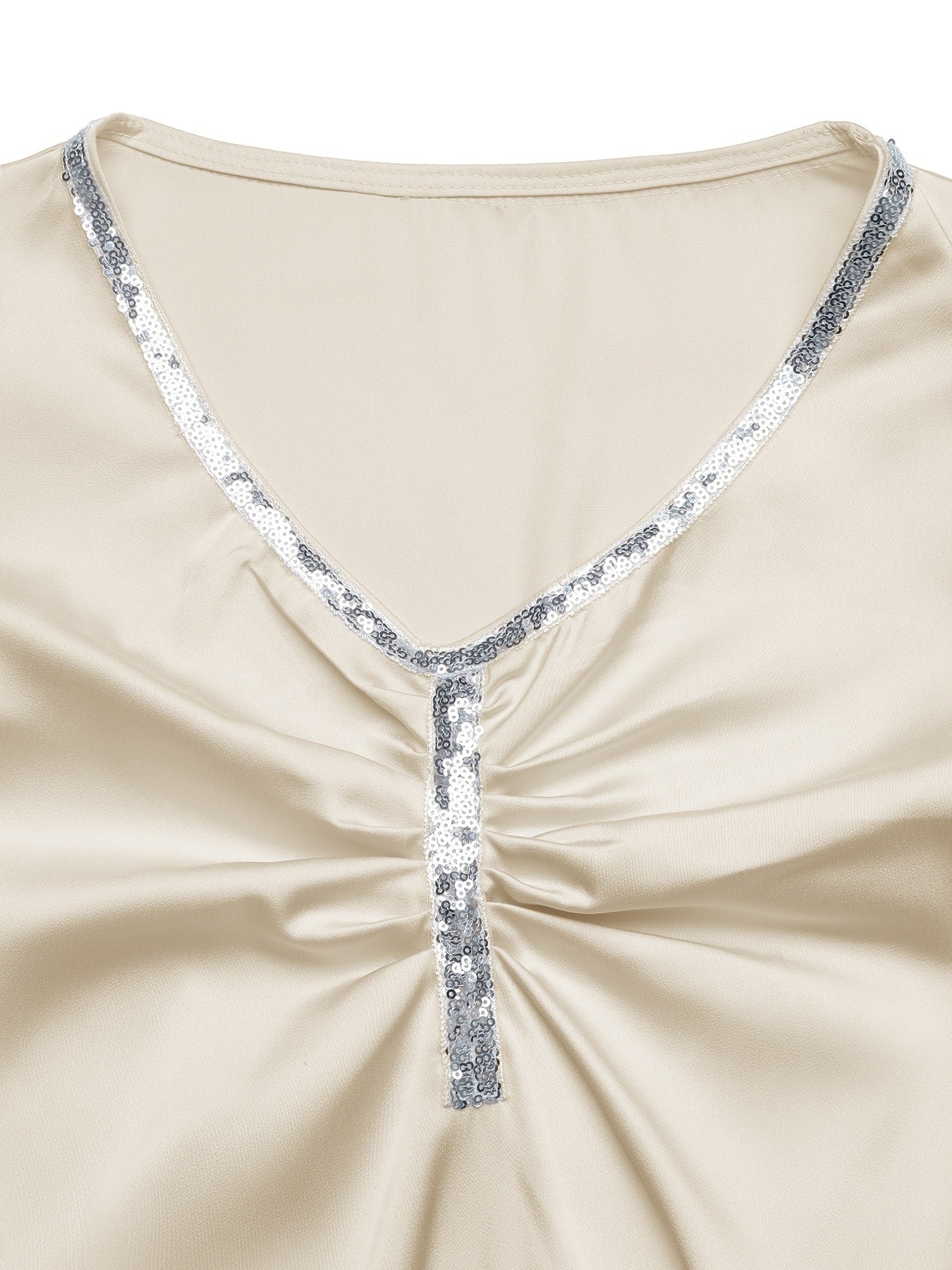 Satin Ruched V Neck Bodysuit Long Sleeve Rhinestone Trim