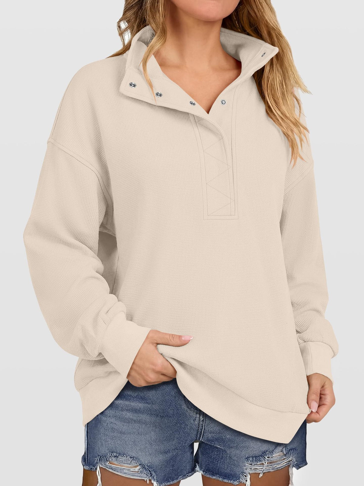 Women's Waffle Knit Oversized Button Pullover Sweatshirt