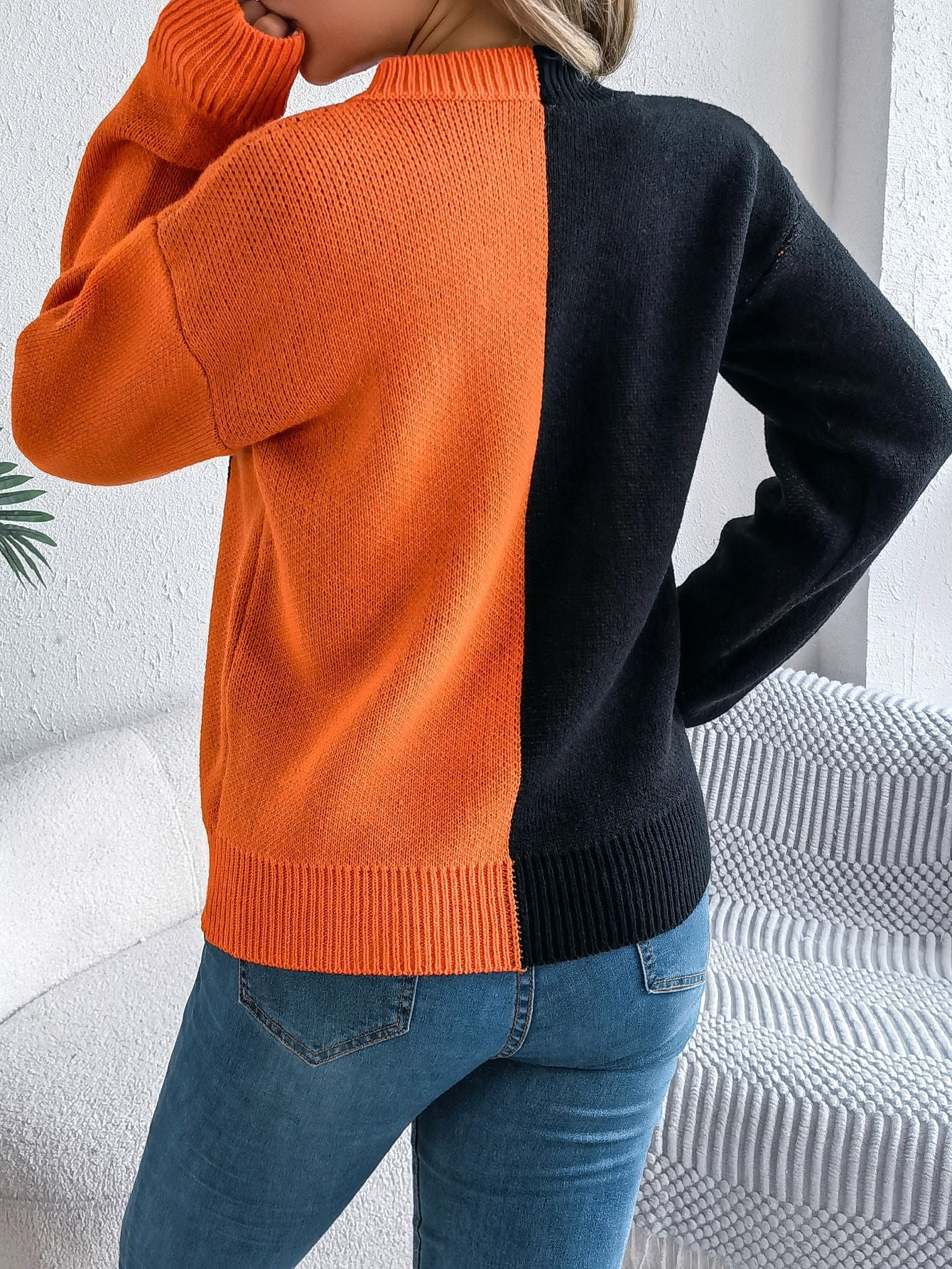 Ghost Pumpkin Colorblock Long Sleeve Sweater for Fall & Halloween