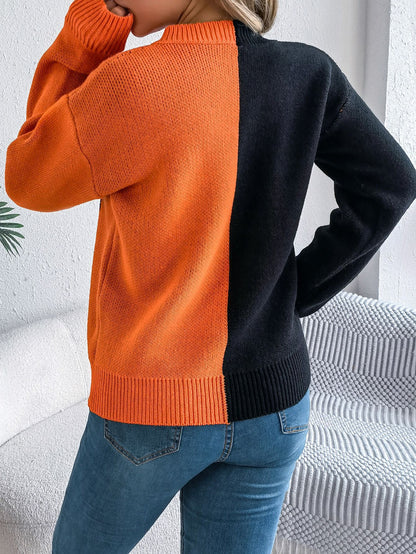 Ghost Pumpkin Colorblock Long Sleeve Sweater for Fall & Halloween