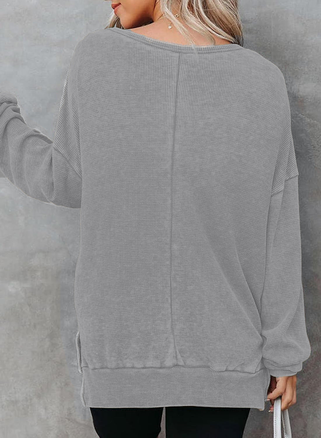 Waffle Split Hem Sweatshirt Women Casual Long Sleeve Top