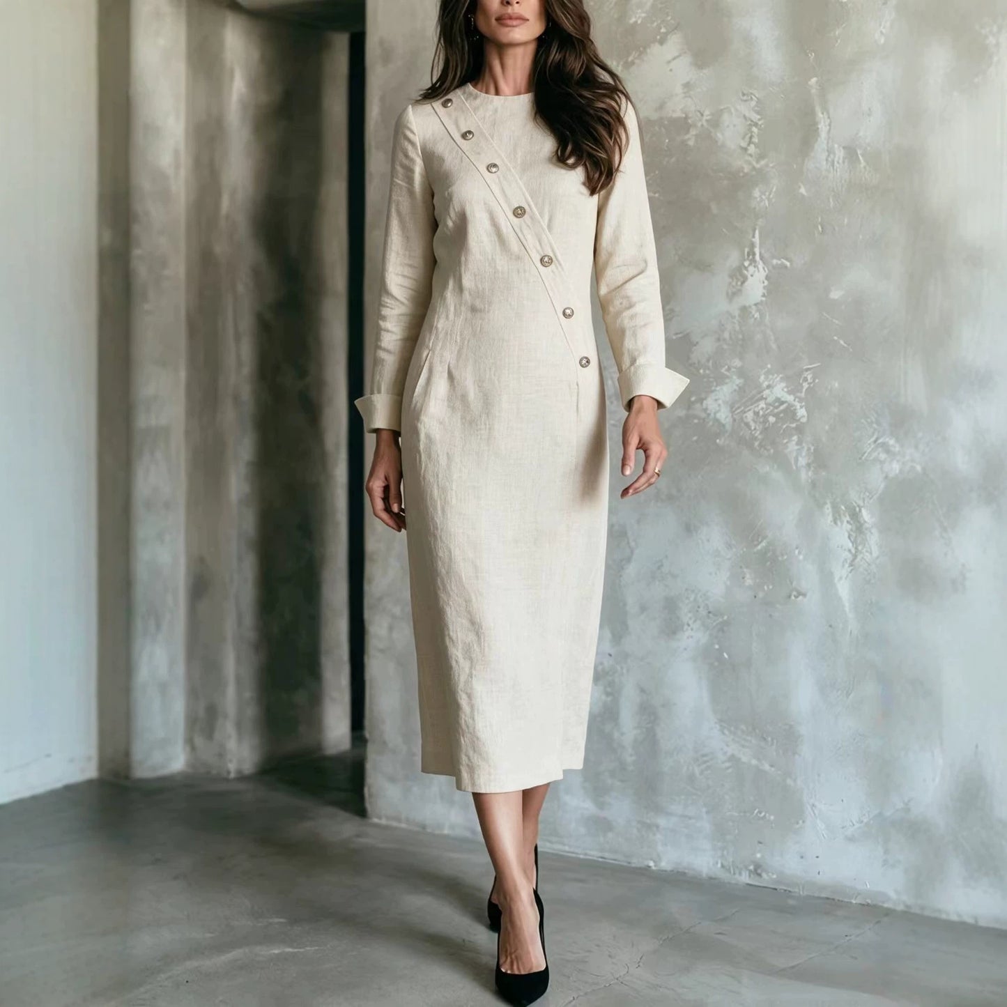 Women's Elegant Asymmetric Button Long Sleeve Midi Dress
