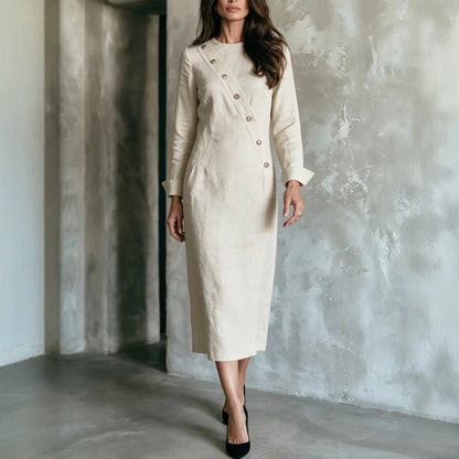Women's Elegant Asymmetric Button Long Sleeve Midi Dress