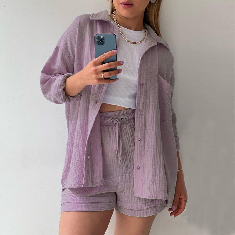 Women's Textured Shirt & Drawstring Shorts Matching Set