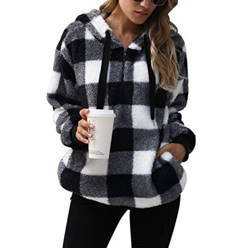 Women's Buffalo Plaid Sherpa Hoodie Fleece Pullover