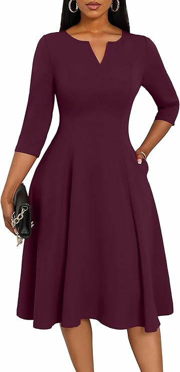 Women's 3/4 Sleeve V-Neck A-Line Midi Dress Wedding Guest