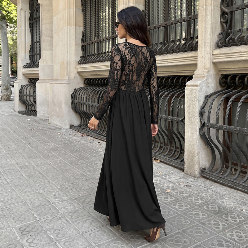 Black Lace Sleeve Square Neck Midi Dress Elegant Fit