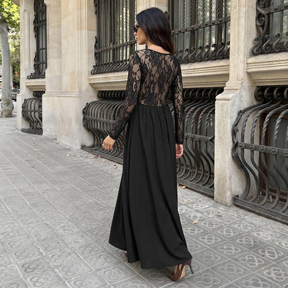 Black Lace Sleeve Square Neck Midi Dress Elegant Fit