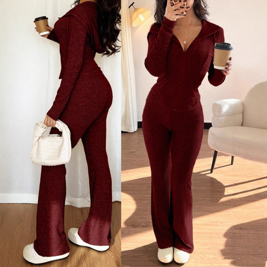2 Piece Ribbed Knit Zip Sweater Wide Leg Pants Set