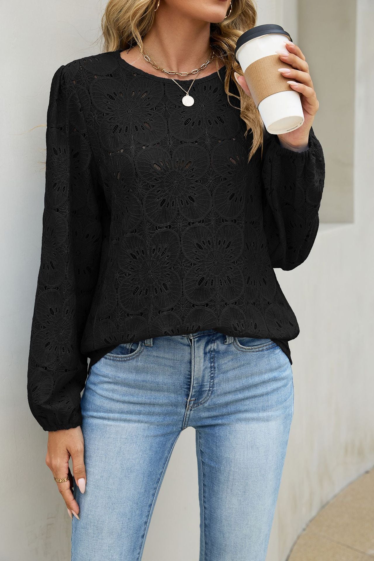 Eyelet Lace Blouse Puff Sleeve Loose Top